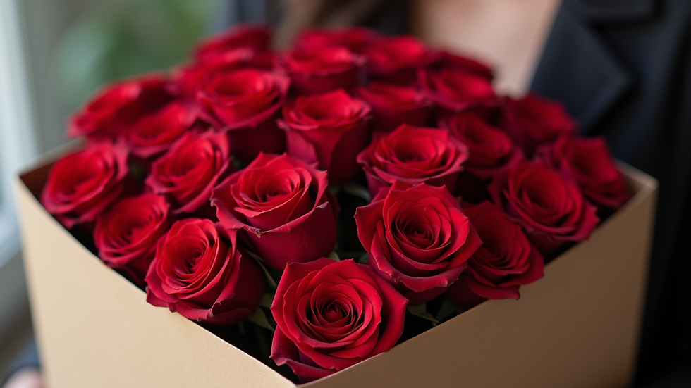 close-up of a delivery box with a bouquet of 101 red roses inside