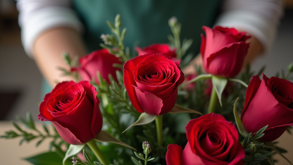 Eye-level view of a florist arranging a bouquet of red roses