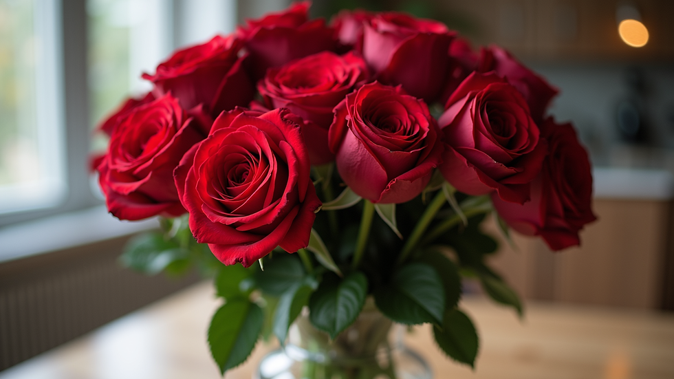 eye-level view of a large bouquet of red roses in a vase
