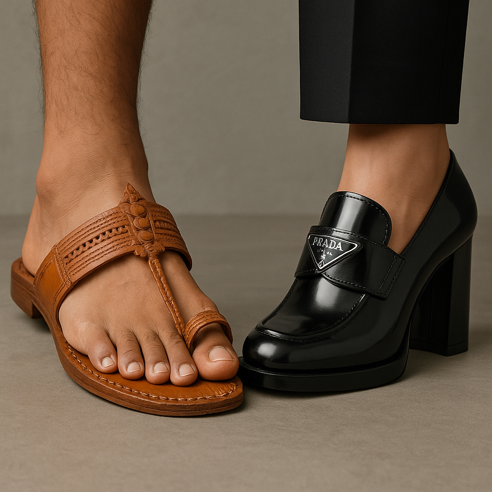 Brown sandal and black Prada high heel side by side on a gray surface. Brown leg and black pants visible, showcasing contrast in style.