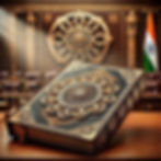 Elaborate book with a gold design on a wooden table. Background shows a scale, emblem, and Indian flag in an ornate room.