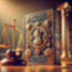 Ornate "Nyaya Sanhita" book with gold details beside a gavel and justice scales. Warm light, classical column in the background. Elegant mood.