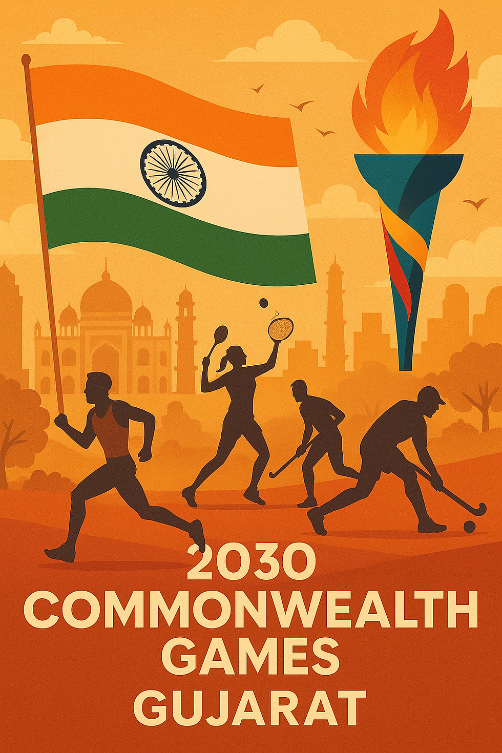 Athletes playing sports with an Indian flag and torch. Orange sunset backdrop with historic landmarks. Text: "2030 Commonwealth Games Gujarat."