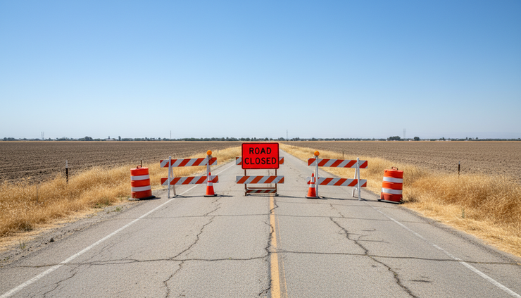 Wide-angle view of a rural road closure with orange barricades.