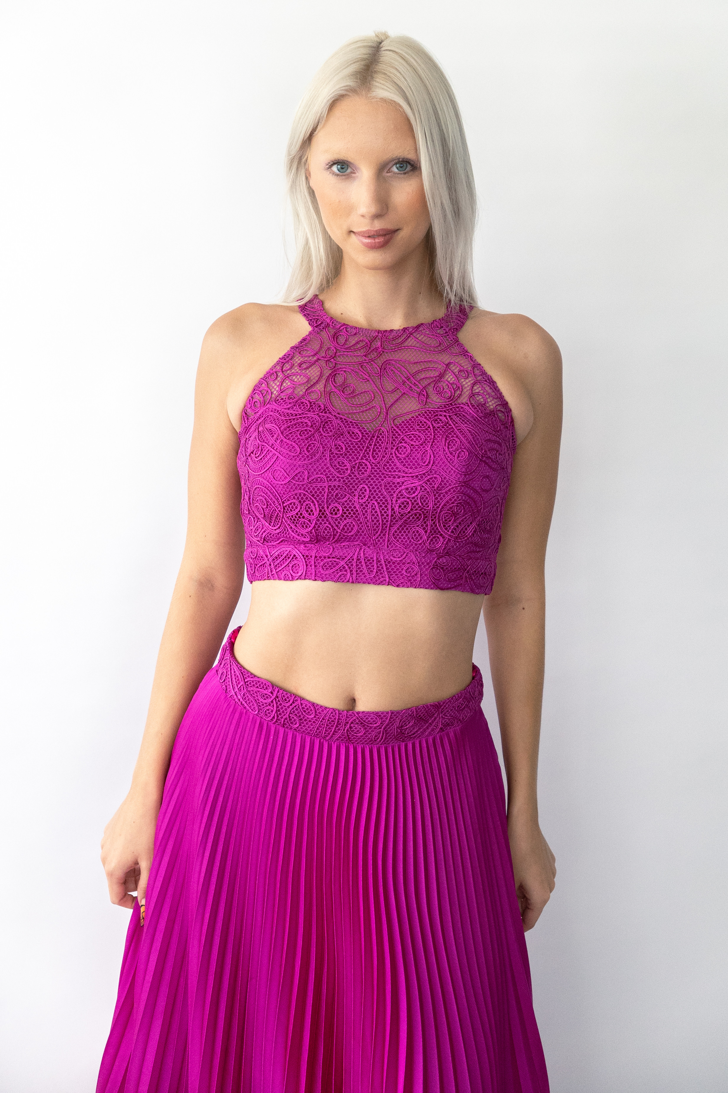 Fuchsia Two-Piece Evening Dress: Pleated Maxi Skirt & Crop Top