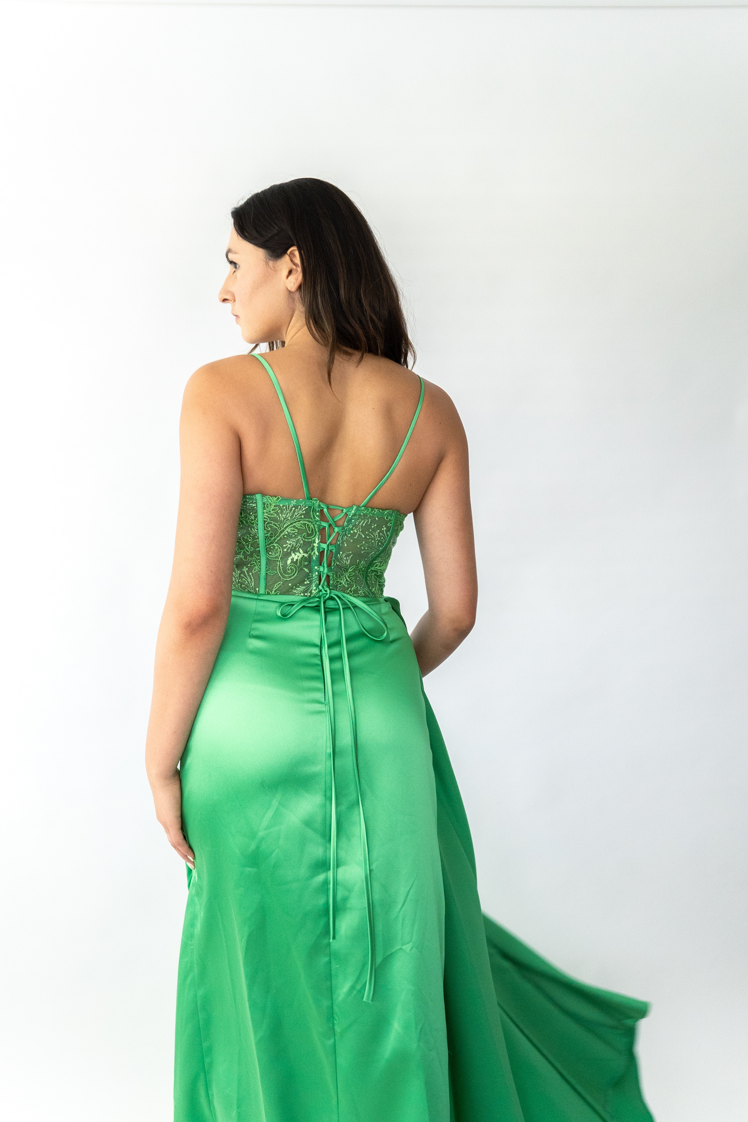 Green Satin Evening Gown: Lace Corset Cowl Neck Formal Dress