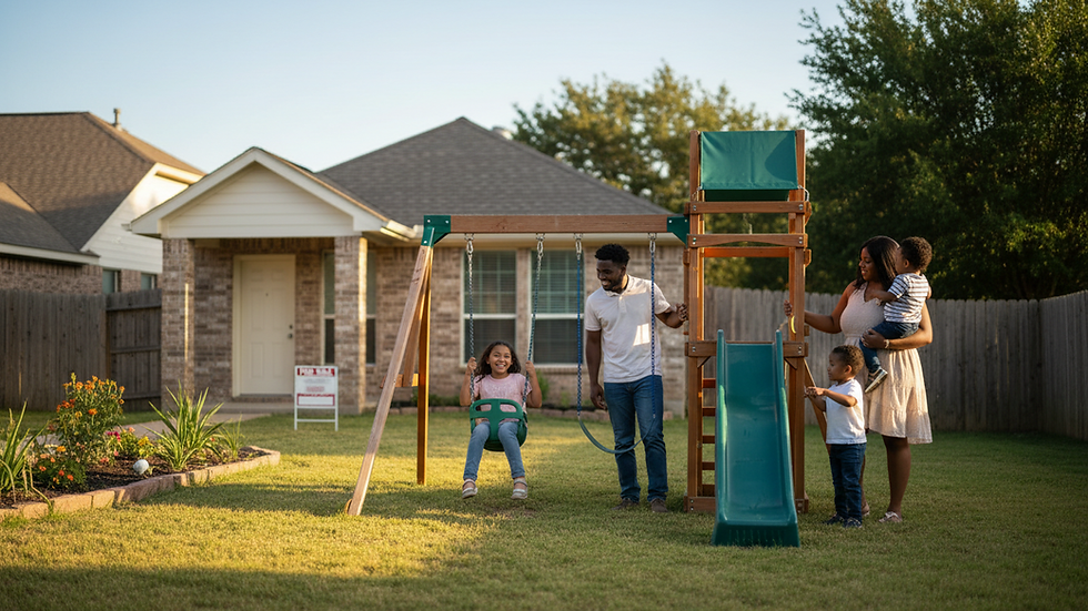 Close-up view of a family-friendly backyard with a small playground in a Cibolo neighborhood
