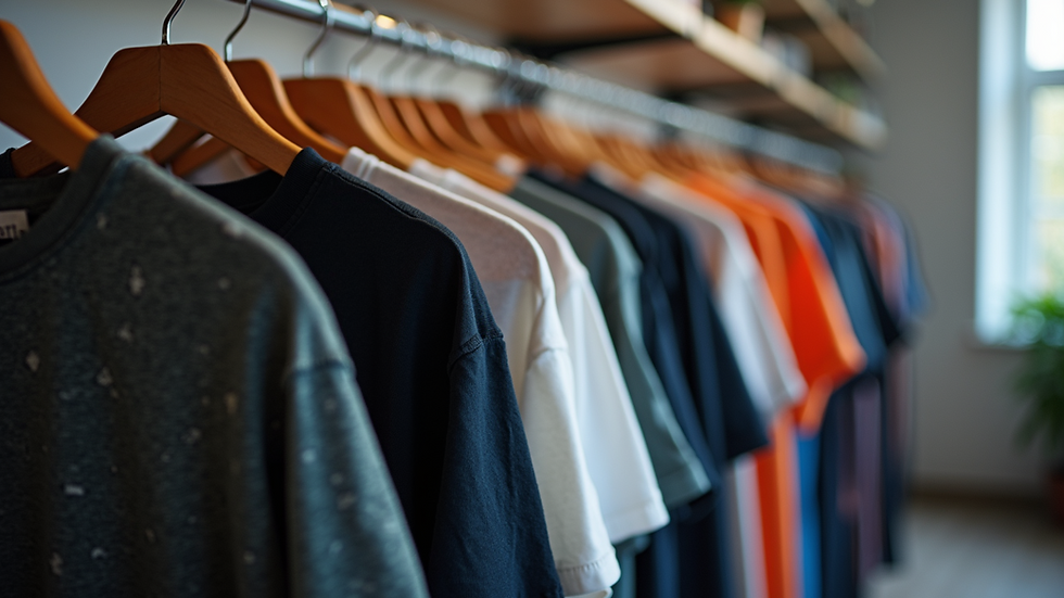 Eye-level view of a clothing rack with inspirational t-shirts