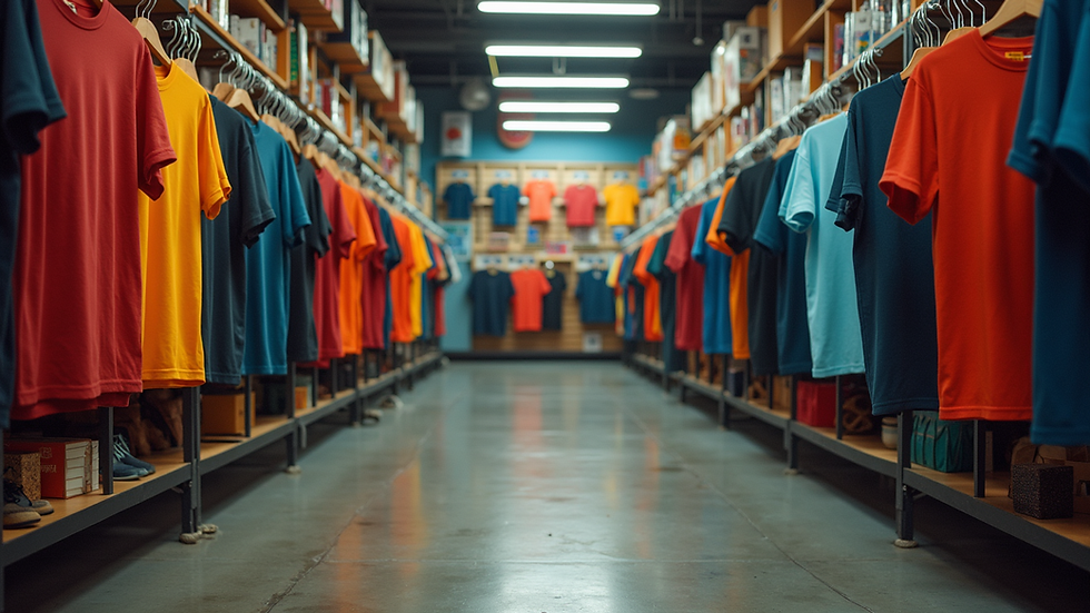 Eye-level view of a local custom t-shirt printing shop with colorful shirts on display