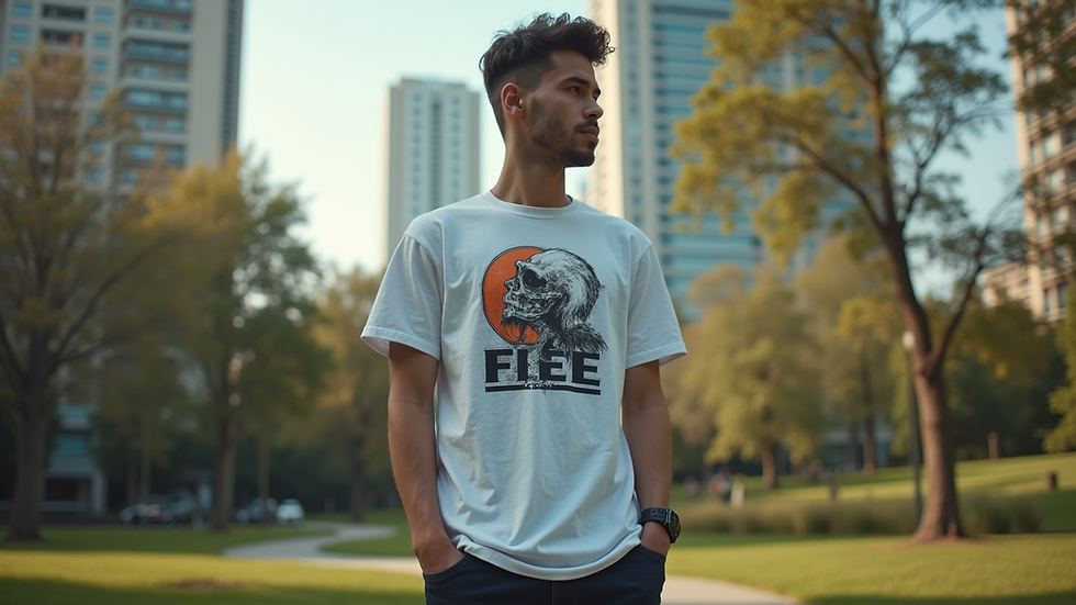 Eye-level view of a person wearing a custom graphic t-shirt standing in a city park