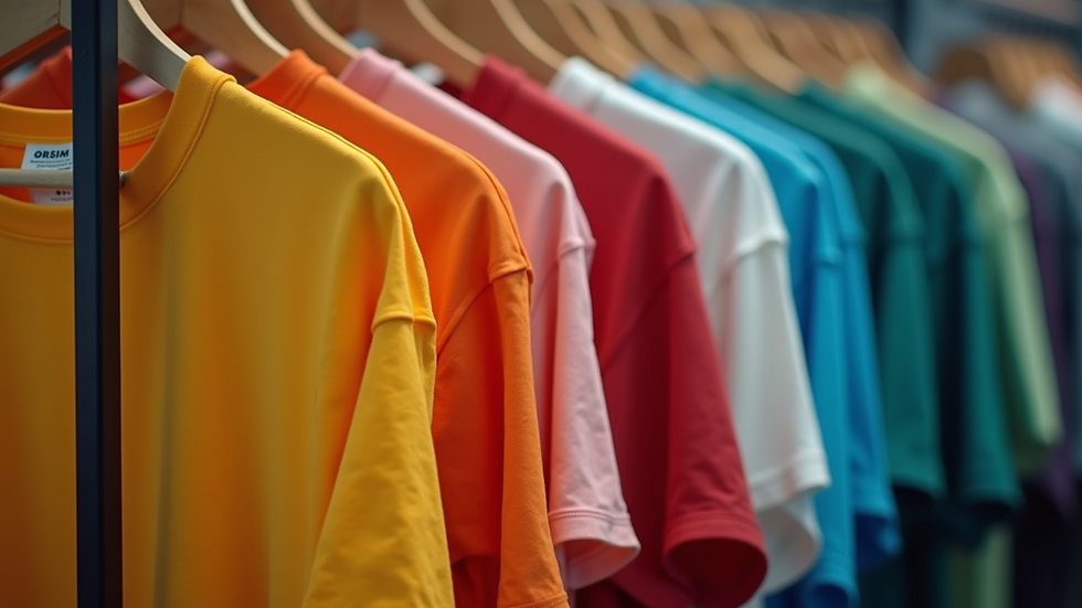 Close-up view of colorful custom t-shirts hanging on a rack