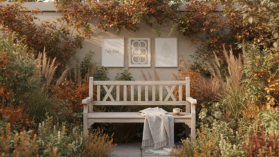 Eye-level view of a peaceful garden bench surrounded by greenery