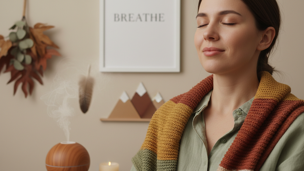 Close-up view of a person practicing breathing exercises with eyes closed