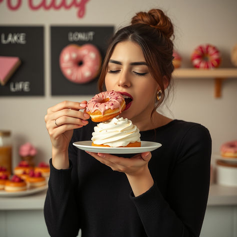 a woman emotional eating cakes and donuts