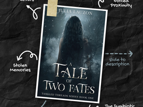 Book cover of "A Tale of Two Fates" by Julia Lauzon. Dark, misty forest with a woman facing away. Handwritten notes surround the cover.