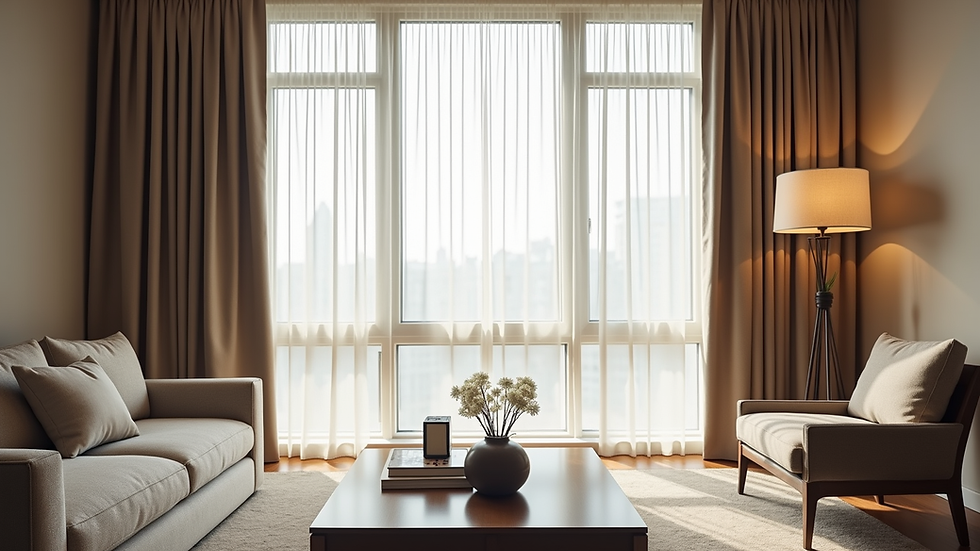 Eye-level view of a large window with custom tailored curtains in a modern living room