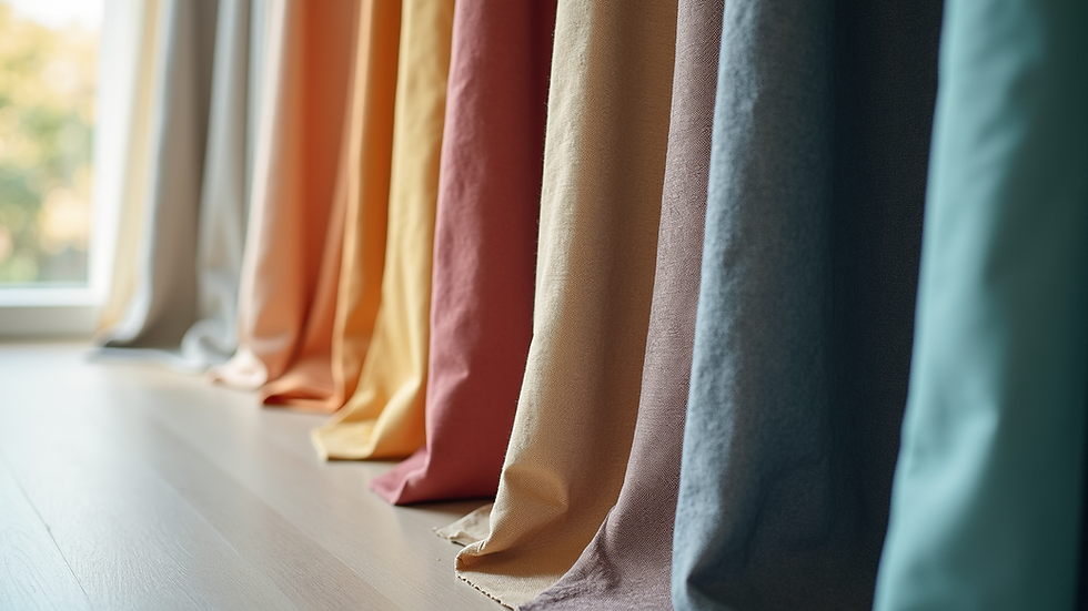 Close-up view of fabric samples for custom draperies in various colors and textures