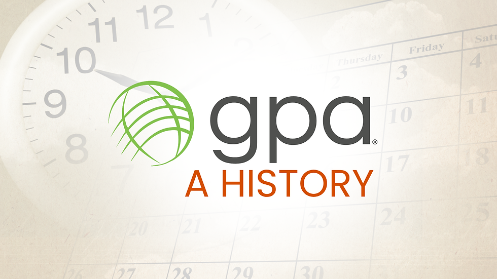 A visual title slide reading “GPA: A History,” featuring the GPA logo with a green globe icon. The background shows a faded overlay of a clock face and a monthly calendar, symbolizing the passage of time and historical reflection.