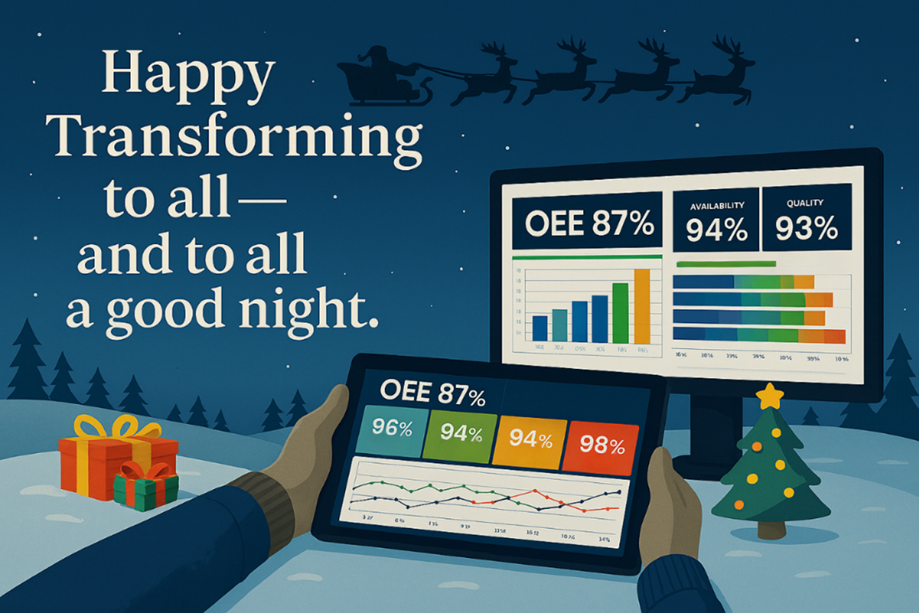 Illustration of a winter night scene with the text “Happy Transforming to all and to all a good night.” A person holds a tablet showing OEE metrics and line charts, while a desktop monitor displays dashboards with OEE, availability, and quality percentages. Christmas elements like a tree, presents, snow, and Santa’s sleigh in the sky frame the industrial performance data.