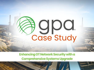 A case study cover image from GPA featuring a wide aerial view of an industrial facility under a clear blue sky. The GPA logo appears prominently in the center with a green globe icon and bold gray text reading “gpa.” Below it, orange text reads “Case Study.” At the bottom, a white banner displays the title in green text: “Enhancing OT Network Security with a Comprehensive Systems Upgrade.”