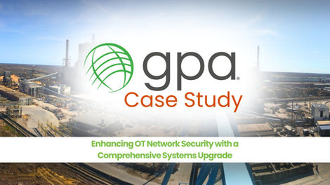 A case study cover image from GPA featuring a wide aerial view of an industrial facility under a clear blue sky. The GPA logo appears prominently in the center with a green globe icon and bold gray text reading “gpa.” Below it, orange text reads “Case Study.” At the bottom, a white banner displays the title in green text: “Enhancing OT Network Security with a Comprehensive Systems Upgrade.”