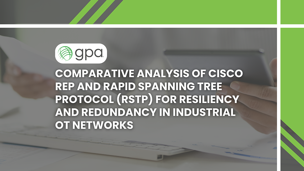 GPA-branded presentation slide titled 'Comparative Analysis of Cisco REP and Rapid Spanning Tree Protocol (RSTP) for Resiliency and Redundancy in Industrial OT Networks,' featuring a background image of a person holding a tablet and documents, with green and white geometric design elements.