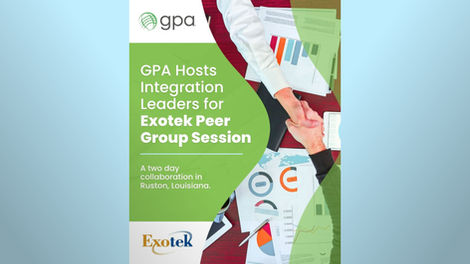 GPA hosts integration leaders for a two day Exotek peer group session in Ruston Louisiana. Business professionals shake hands over charts, analytics, and collaboration documents, highlighting system integration, digital transformation, and industry leadership.