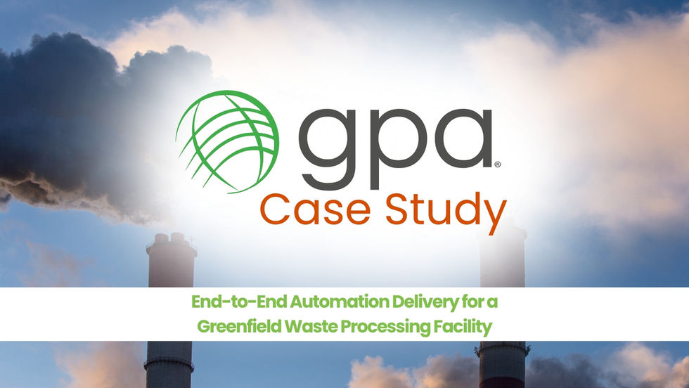 GPA case study cover for end-to-end automation delivery at a greenfield waste processing facility, shown over an industrial smokestack background.