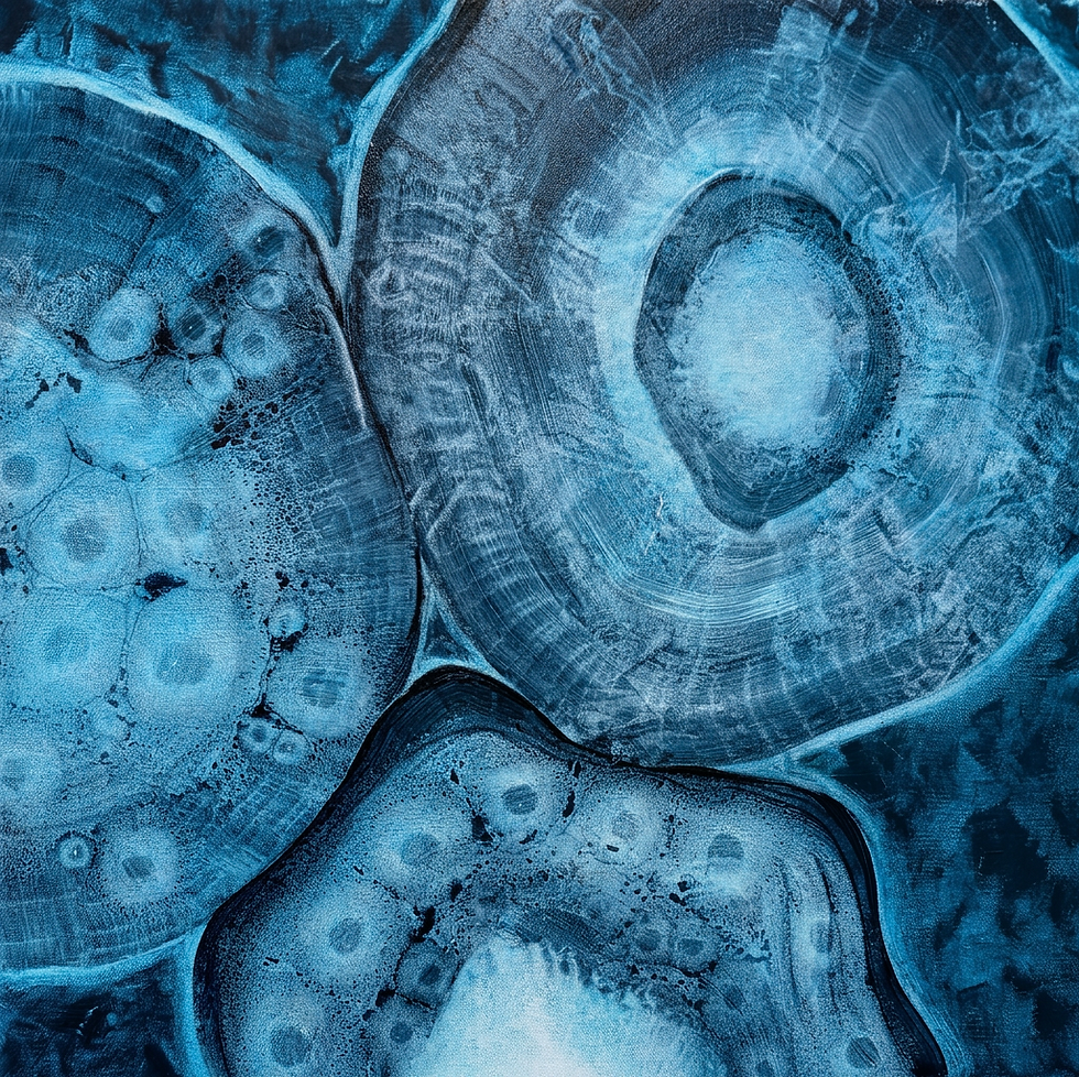 Abstract Painting by Australian Artist Carmel McCarney featuring blue background with organic Indigo forms floating.