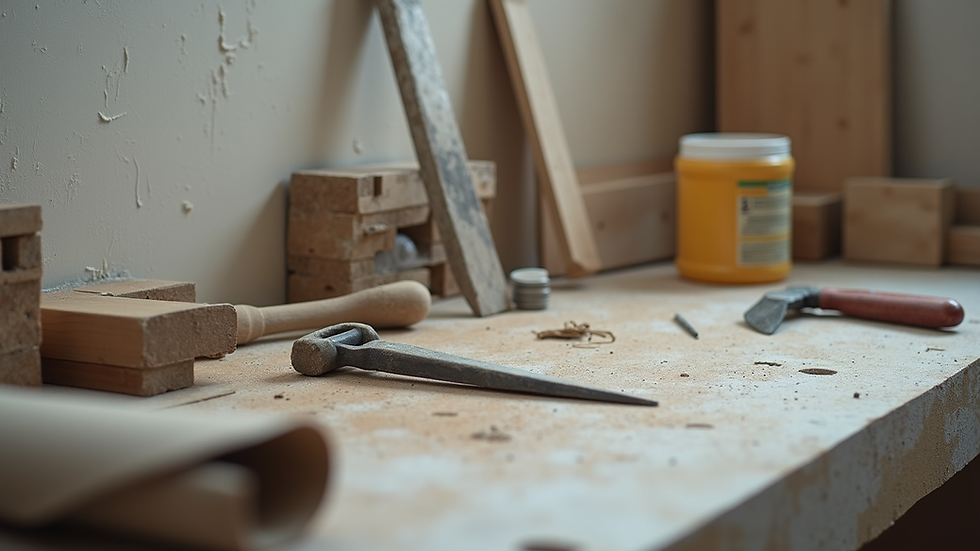 Eye-level view of drywall repair tools and materials on a workbench