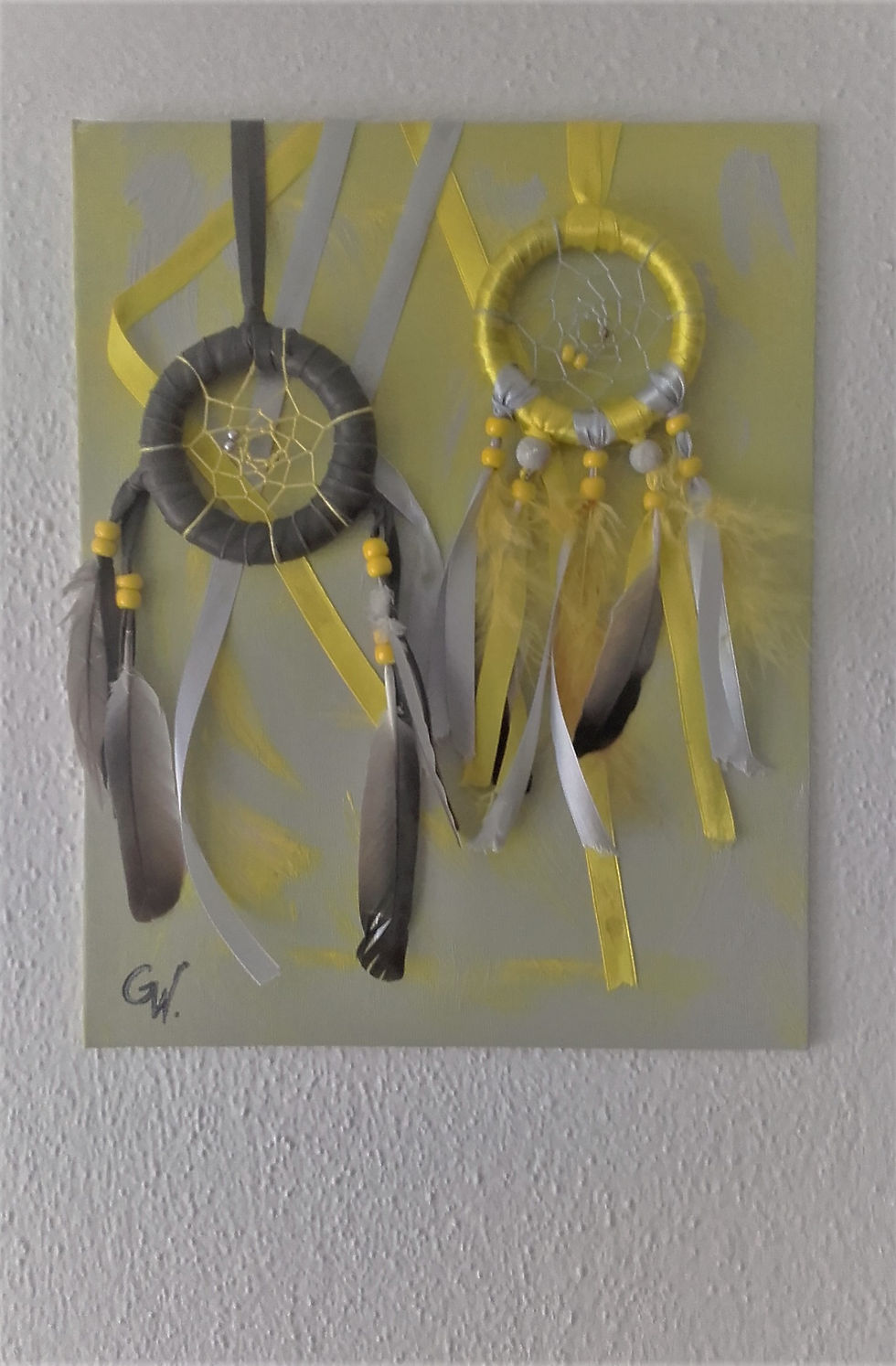 Miniature : 2 attrapes-rêves - gris et jaune sur toile - ref: DC 210101 Fancy dream catcher