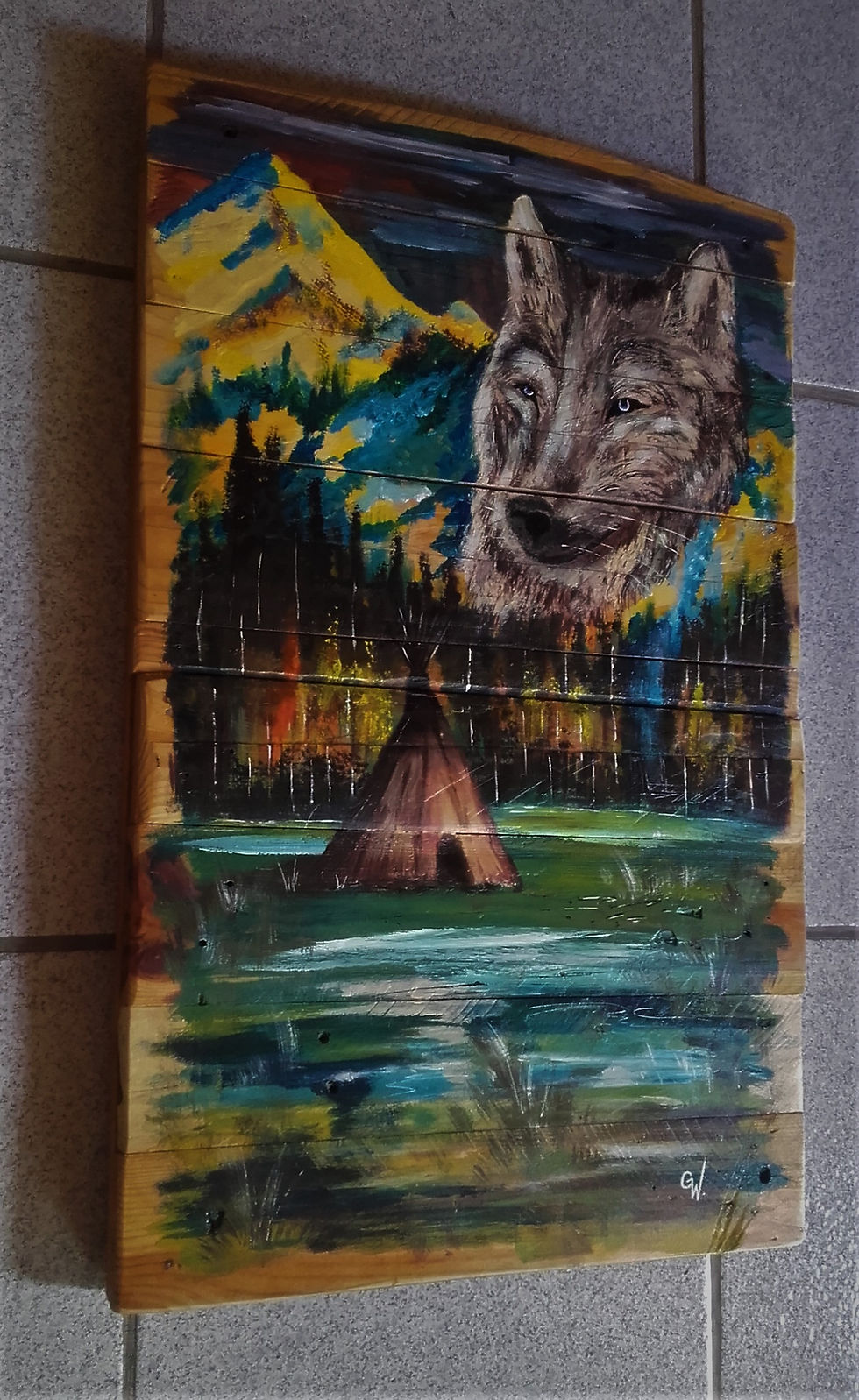 Miniaturbild: peinture sur bois - tipi - loup