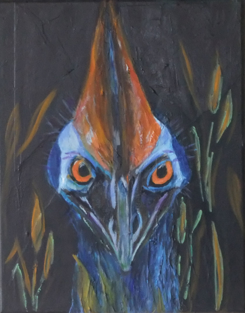 The Cassowary oil painting portrait with orange eyes.
