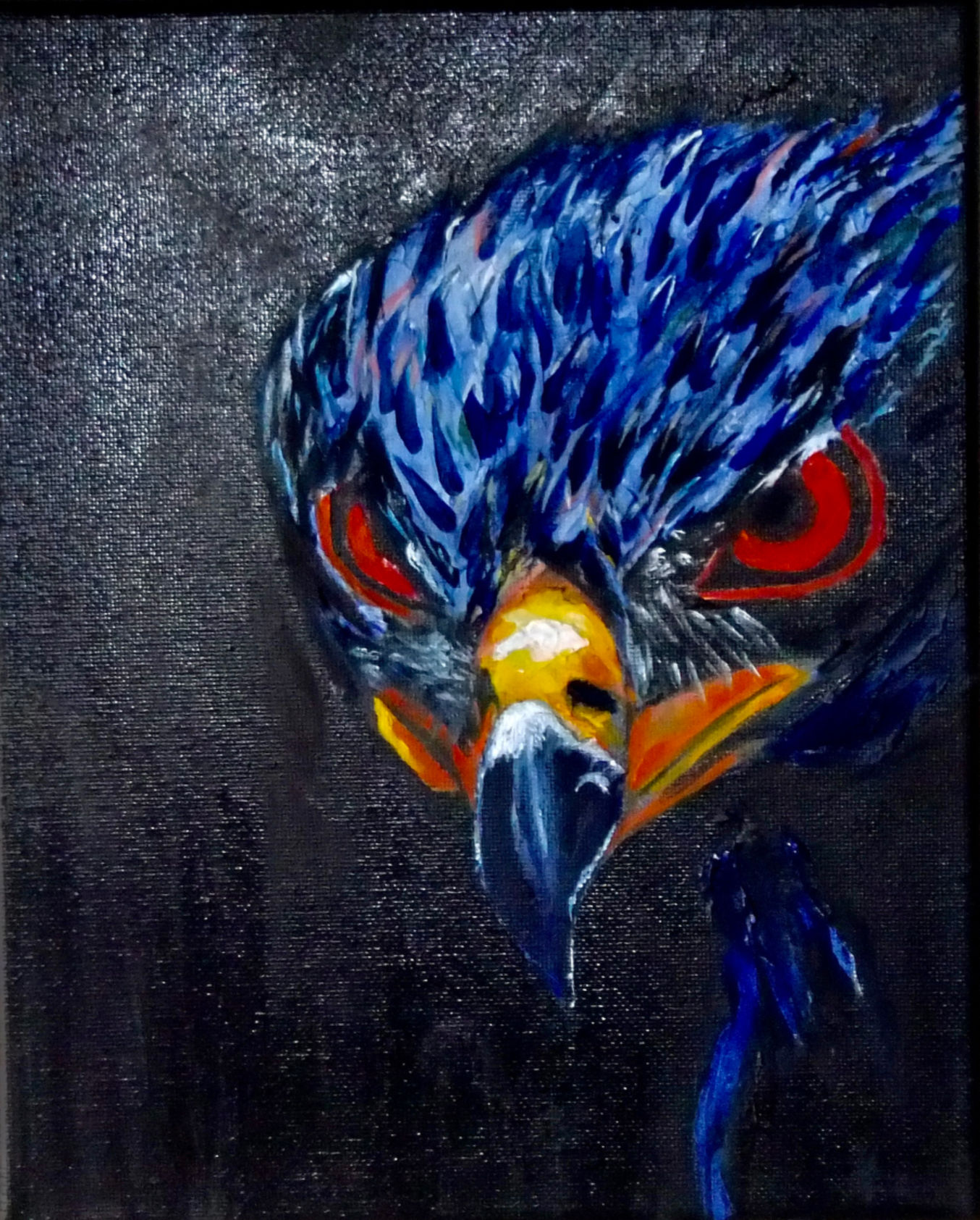 Blue Eagle oil on canvas painting with red eyes