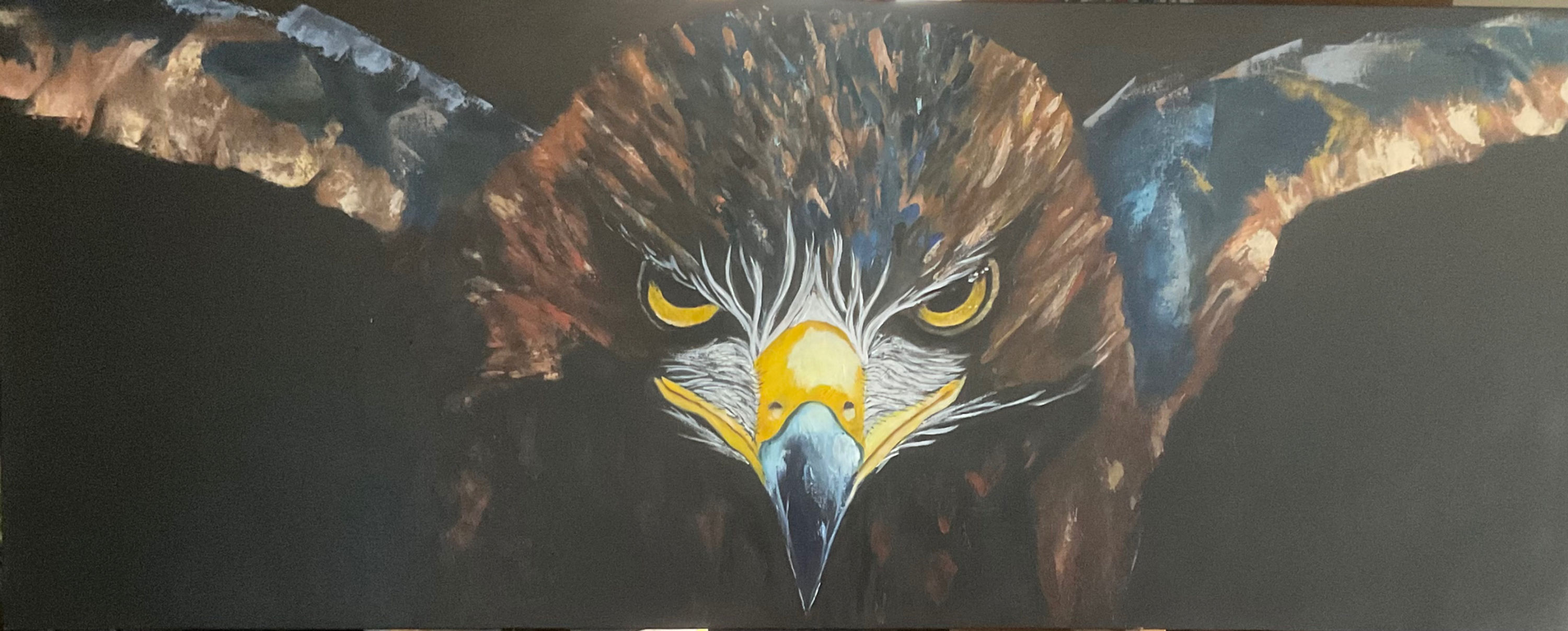Oil painting of an eagle with wings spread, Fearless in Flight.