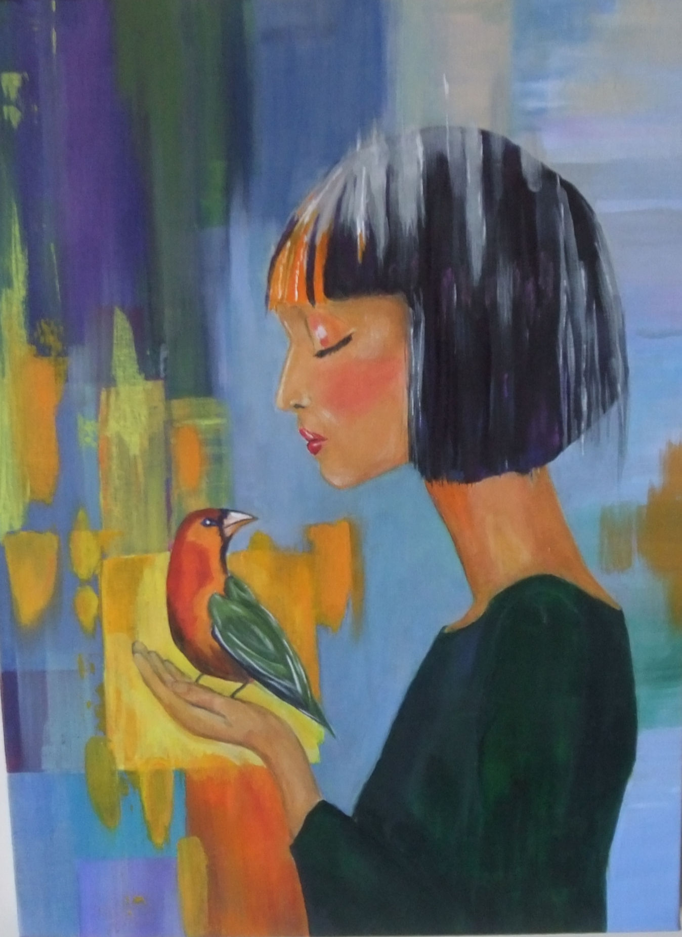 Precious Moments oil painting of a girl holding a bird