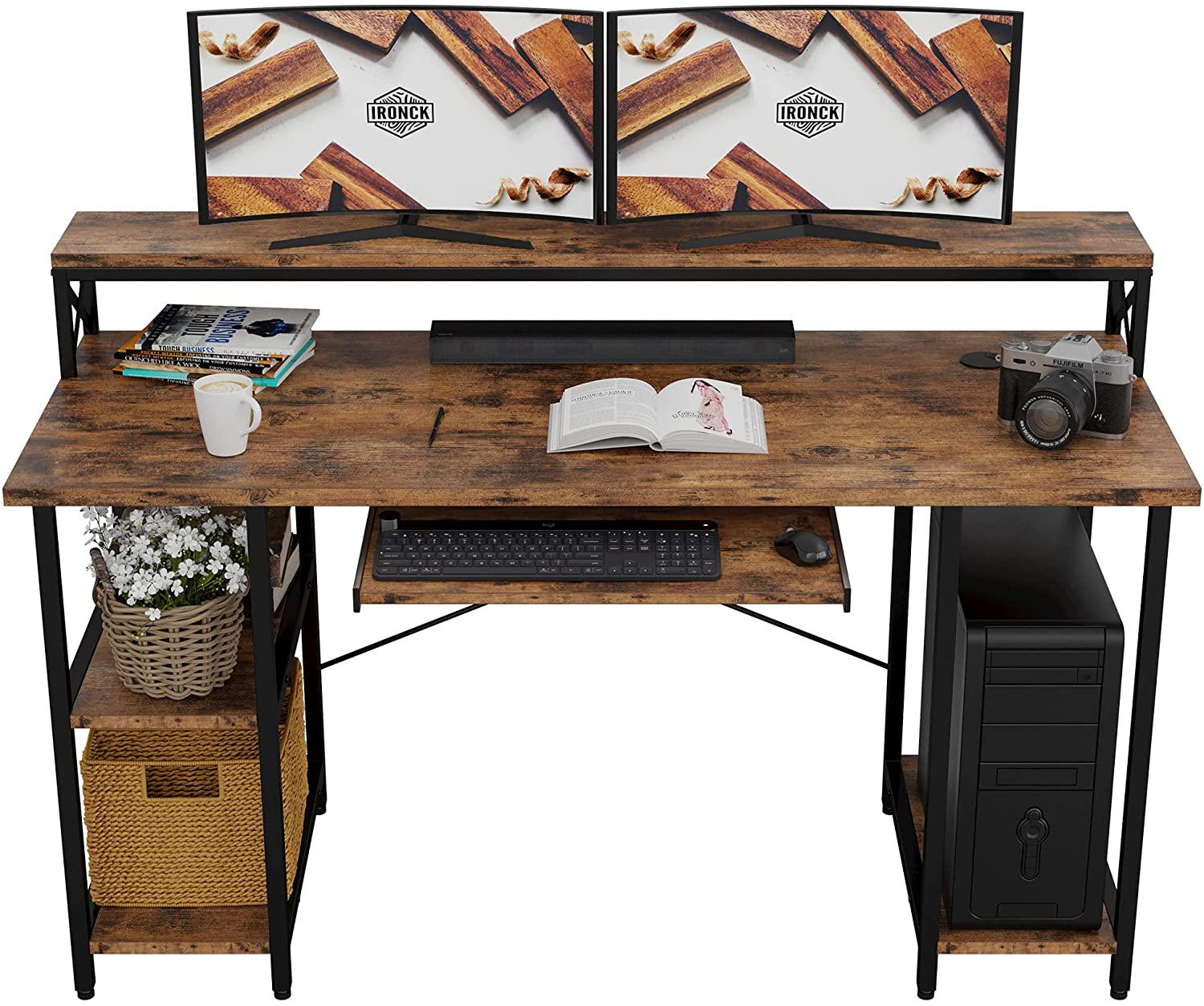 Computer Desk 55", Home Office Desk with Keyboard Tray, Monitor Stand, Storage S