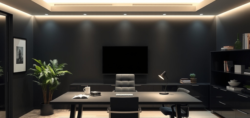 a modern sleek home office with dark colors and ambient lighting.jpg