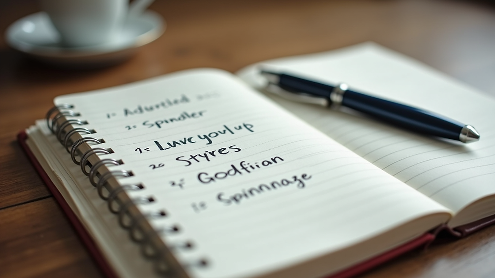 Close-up of a notebook with handwritten goals and a pen on a wooden table
