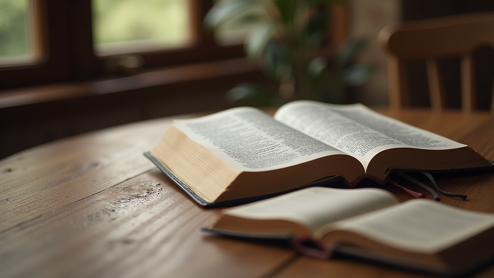 Close-up view of a Bible and journal on a wooden table