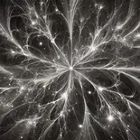 Abstract fractal pattern with white swirling lines and bright nodes on a dark background, resembling starry space interconnected by dark matter. Energetic and dynamic.