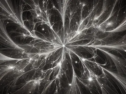 Abstract fractal pattern with white swirling lines and bright nodes on a dark background, resembling starry space interconnected by dark matter. Energetic and dynamic.