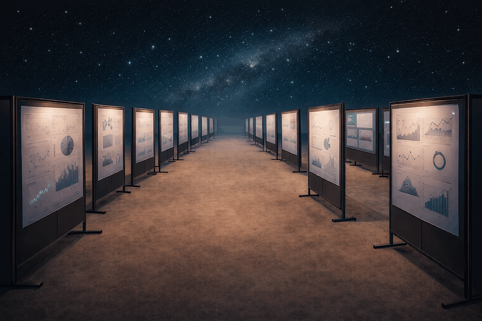 Parallel rows of display boards with charts and graphs in a hallway under a starry sky, creating a futuristic and analytical ambiance.