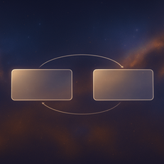 Two blank rectangles connected by arrows on a dark, starry background with nebula-like patterns suggestive of space.