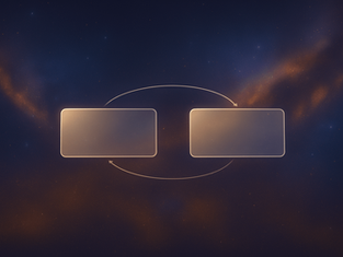 Two blank rectangles connected by arrows on a dark, starry background with nebula-like patterns suggestive of space.