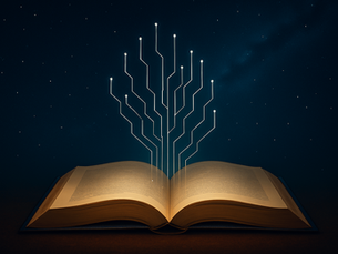 Open book with glowing circuit-like lines emerging, set against a starry night sky. Futuristic and imaginative atmosphere.