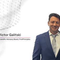 Victor Galitski in a blue suit smiling against a white background with a geometric pattern. Text: Victor Galitski, Scientific Advisory Board, FirstPrinciples.