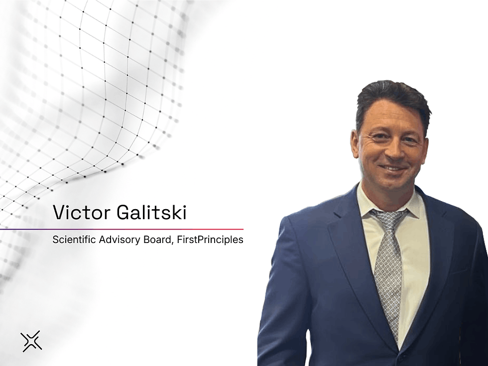Victor Galitski in a blue suit smiling against a white background with a geometric pattern. Text: Victor Galitski, Scientific Advisory Board, FirstPrinciples.
