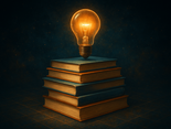 Glowing light bulb atop stacked books, set against a dark, starry background. Books are vintage with teal covers, creating a thoughtful mood.