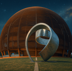 Wooden dome building and abstract metal sculpture under a starry night sky, surrounded by grass and trees, creating a serene atmosphere.